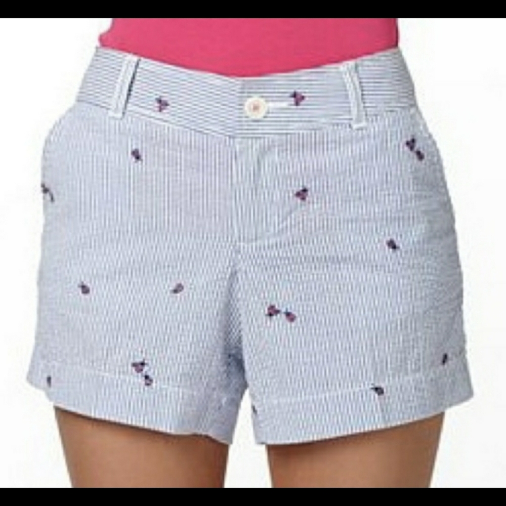 Lilly Pulitzer Blue White Striped Seersucker Shorts with  ladybug Embroidery